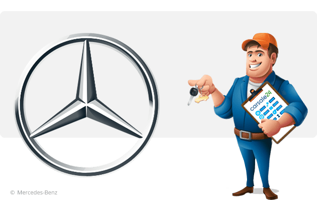 Image Hero für "Mercedes verkaufen" mit Markenlogo und carsale24 Maskottchen
